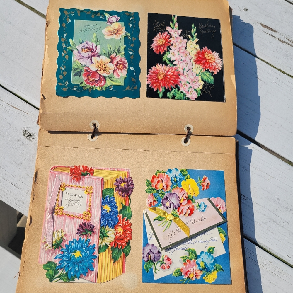 Vintage Birthday Card Filled Scrapbook 1950s ~ Floral~ Animal ~ Anthropomorphic